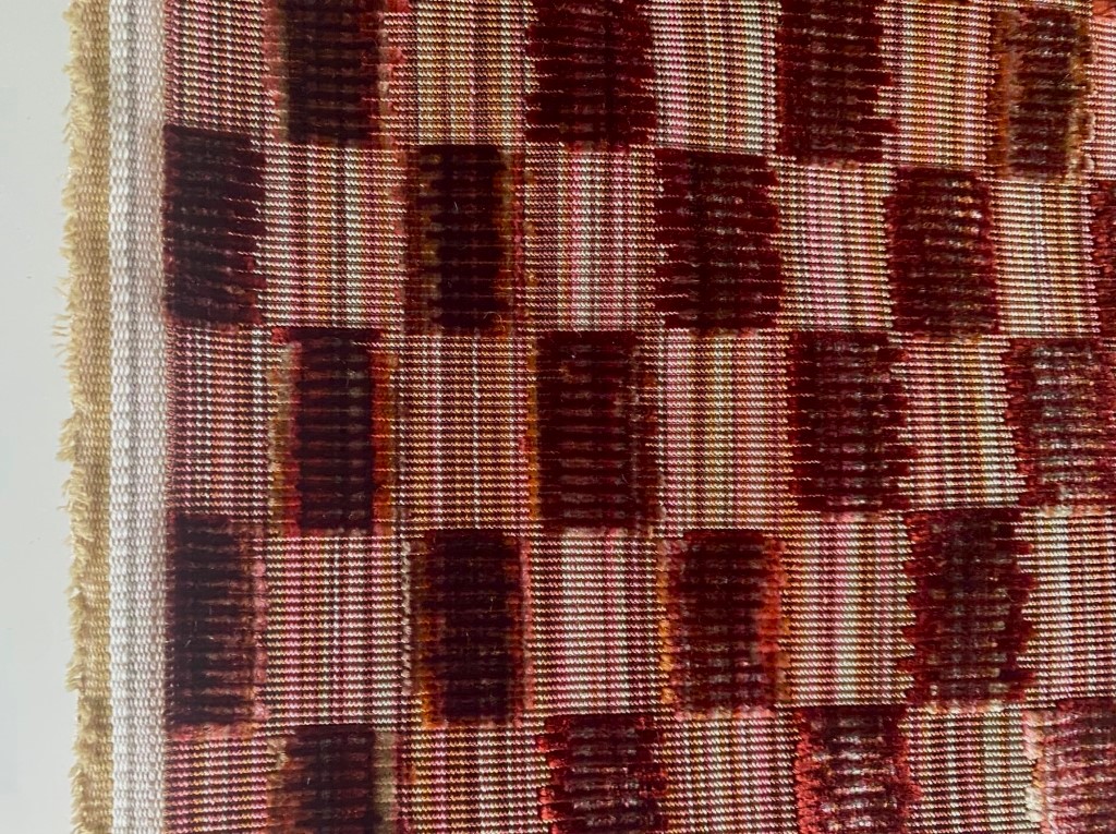 Pierre Frey Saqqarah Terrecuite F3660003, shades of pink, red, green and beige cubes