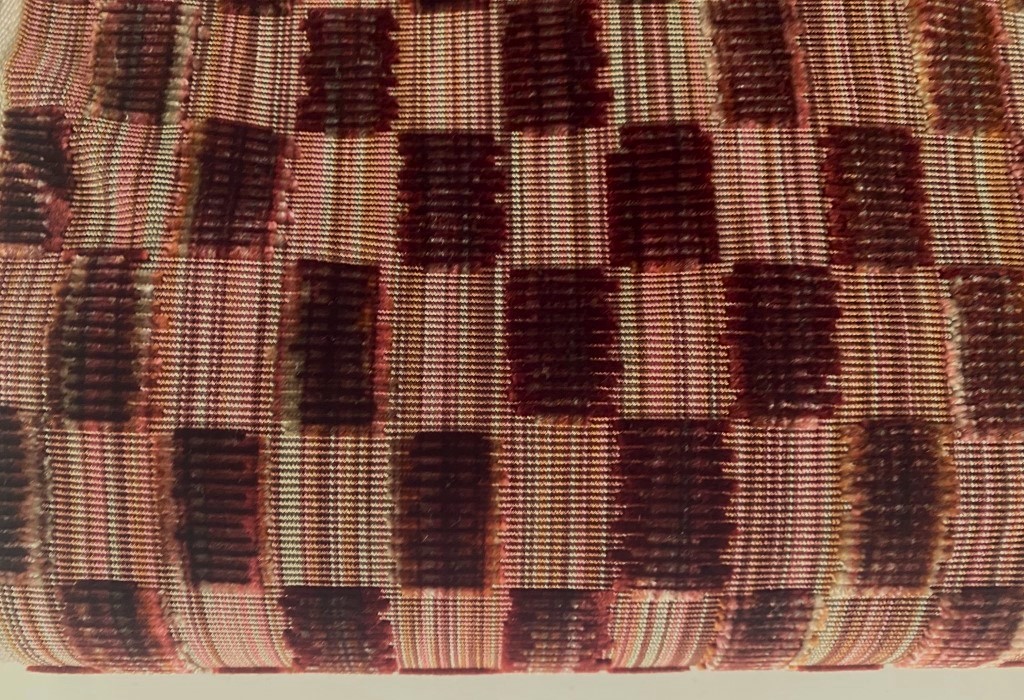 Pierre Frey Saqqarah Terrecuite F3660003, shades of pink, red, green and beige cubes